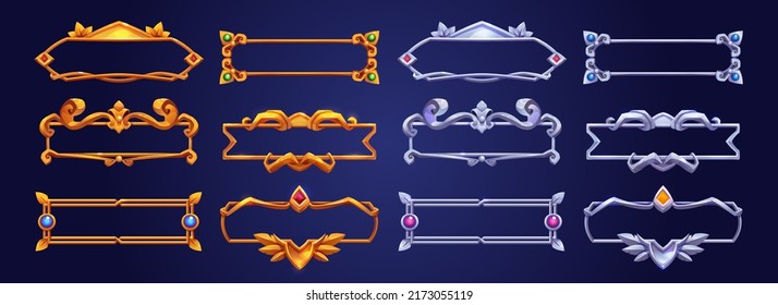 Empty gold and silver frames in medieval style for rpg game ui design. Vector cartoon set of ancient fancy golden and metal borders with gems isolated on background