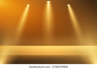 Fondo de estudio de oro vacío. Habitación vacía Estudio con mesa. Espacio para la venta de productos, telón de fondo, Fondo de pantalla, fondo, texto. Tabla de degradado. Ilustración vectorial.