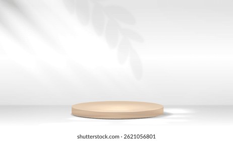 Ein leeres goldenes 3D-Podium in einem weißen Raum mit einem Schatten einer Pflanze.