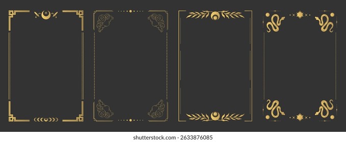 Empty golden border frames for Tarot cards. Tarot templates with space celestial elements and decorations. Vector illustration