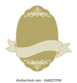 empty golden emblem frame with scroll decorative elements and ribbon banner, vector