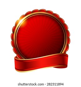 Empty golden label with ribbon isolated on white background. 