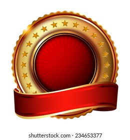 Empty golden label with ribbon. Vector illustration.