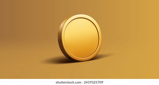 Empty golden metal coin 3D. Banner for the design concept of currency, award. Banks and investments. Cryptocurrency, exchanges, and business. Vector