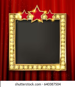 Empty golden painting frame on red curtain wall. Vector illustration