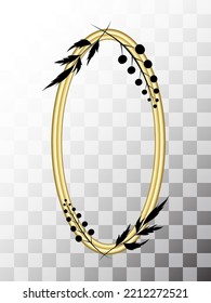 Empty golden picture frame on the wall mock up. Realistic oval gold frame with decorative abstract floral elements