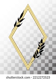 Empty golden picture frame on the wall mock up. Realistic rhombus gold frame with decorative abstract floral elements