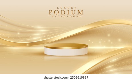 Empty golden podium for banner product presentation with glitter light effects decorations and bokeh.