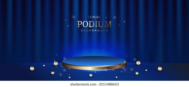 Podio dorado vacío sobre un fondo azul, cortina realista con efectos de neón claro y decoraciones en forma de bolas de oro. Concepto de diseño de escenario de lujo. Ilustración vectorial.