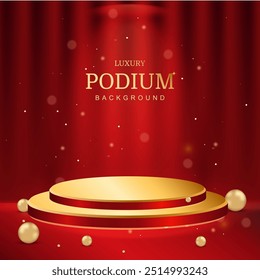 Pódio dourado vazio em um fundo vermelho, cortina realista com efeitos de néon luz e decorações na forma de bolas douradas. Conceito de design de palco de luxo. Ilustração vetorial.	
