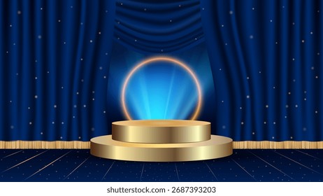 Empty golden podium on a soft blue background, illuminated by a gentle neon effect and decorative bokeh lights on a curtain backdrop. Perfect for product presentations or award ceremonies.