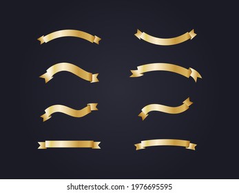 Empty Golden Ribbons Set On Black Background.