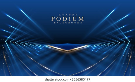 Empty golden square podium on blue background with neon effect and laser light with bokeh decoration. Elegant scene design concept. Vector illustration.