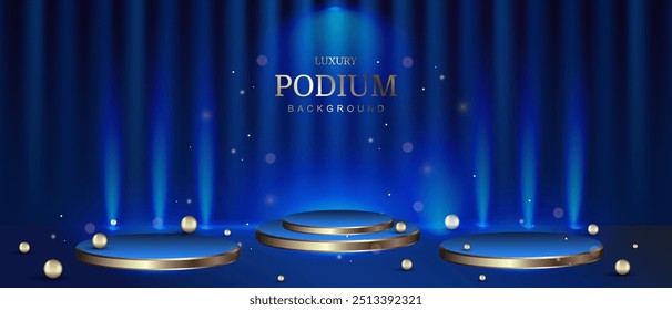 Empty goldenthree podiums on a blue background, realistic curtain with light neon effects and decorations in the form of golden balls. Luxury stage design concept. Vector illustration.