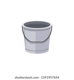 Empty gray plastic or metal water bucket, pail or container flat vector illustration isolated on white background. Household tool item for cleaning and gardening.