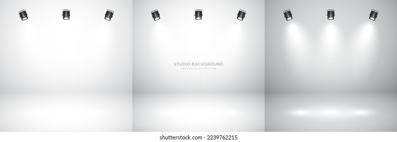 Empty gray studio abstract backgrounds with spotlight effect. Product showcase backdrop. Stage lighting. Vector illustration