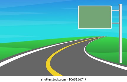 Empty green board traffic sign with local road leads to infinity point along greenery hill with clear blue sky in summer time with copy space in green board for your text