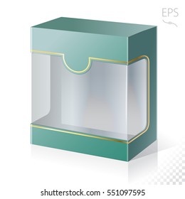 Empty green box with a transparent plastic window for new design. Product Packing Vector.