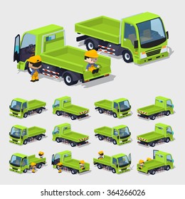 Empty green cargo truck. 3D lowpoly isometric vector illustration. The set of objects isolated against the white background and shown from different sides