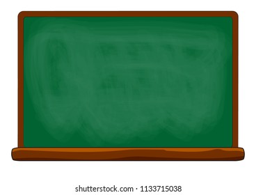 Empty green chalkboard texture hang on the white wall. Frame wooden from green board isolade background. Wallpaper and copy space and bill board wood frame for add text. Vector illustration EPS 10.