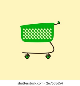 Empty green colored plastic shopping cart isolated on yellow background. Logo template, design element