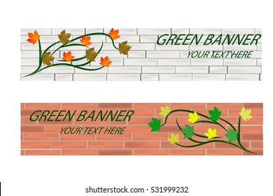 Empty Green ecological banner with brick wall and leaves for some text