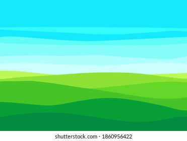 Empty Green Field And Blue Sky On A Sunny Summer Day. Flat Meadow Landscape With Grass. Farm Valley Landscape. Green Hills Landscape Background, Empty Glade Template. Vector Grass Fields Landscape. 