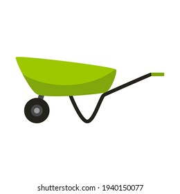 An empty green garden wheelbarrow. Gardening, renovation. Cartoon Flat style.Isolated on a white background.