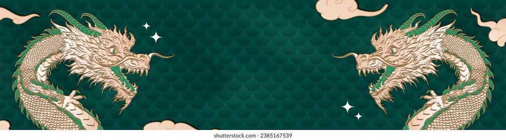 Empty green header, billboard with traditional chinese dragon and place for text on background with dragon scales. Panoramic banner in asian style for 2024 Lunar New Year of the Dragon