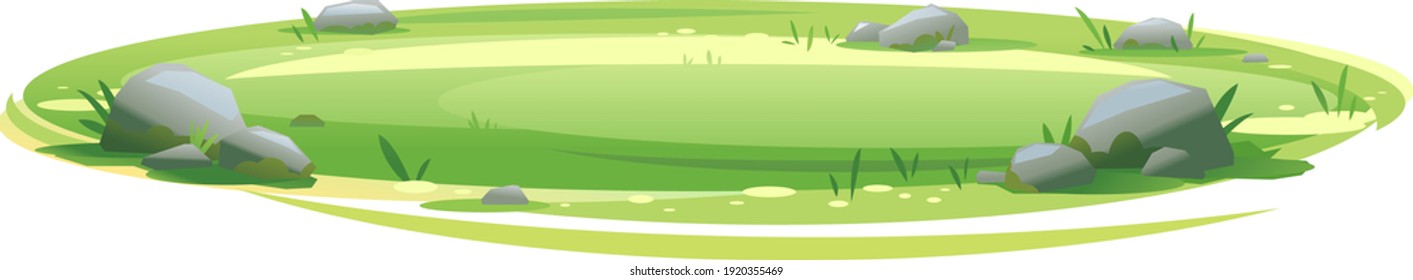 Empty green lawn with grass and stones isolated, summer sunny oval glade, empty glade template, place for picnics and recreation, perfect place to set up tent, sunny lawn for campsite setup
