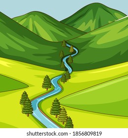 Escena de naturaleza verde vacía con ilustración de río largo