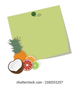 empty green note paper with citrus fruits and juice