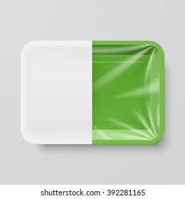 Empty Green Plastic Food Container with White label on Gray Background