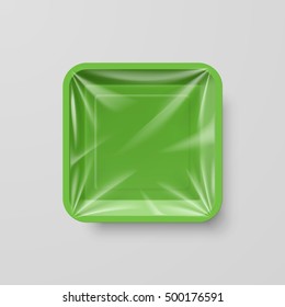 Empty Green Plastic Food Square Container on Gray