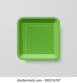 Empty Green Plastic Food Square Container on Gray Background