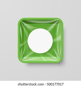Empty Green Plastic Food Square Container with Round Label
