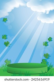 Empty green podium with blue sky, green grass and tree leaves clovers. St Patrick's Day vector illustration.