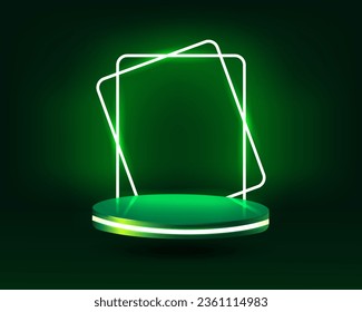 Empty green podium floating in the air with neon rectangle frames on background. Stage podium with lighting.