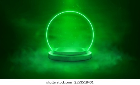 Empty green podium with glowing green neon ring on bright smoky background. Isolated bright scene for your product. Vector illustration