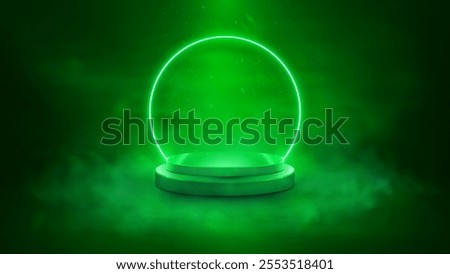Empty green podium with glowing green neon ring on bright smoky background. Isolated bright scene for your product. Vector illustration