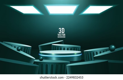 Empty green podium with white neon lamp on the ceiling