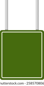 Empty green road sign featuring a white frame, hanging from a metallic pole and set against a clean white background, providing ample space for custom text or symbols