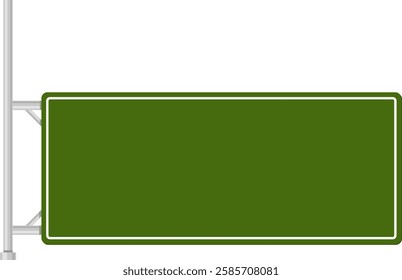 Empty green road sign featuring a white frame, hanging from a sturdy metal pole against a clean white background, offering ample space for personalized messages and directional guidance