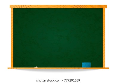 Empty green school chalkboard in wooden frame with chalk and sponge on shelf isolated on white