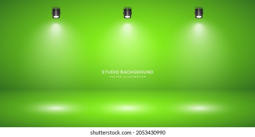 Empty green studio abstract background with spotlight effect. Product showcase backdrop. Chroma key compositing. Stage lighting. Vector illustration.