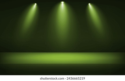 Empty Green studio room background. Abstract studio room platform design. Empty room with light effect. Use for product display presentation, cosmetic display mockup, showcase, media banner, etc.