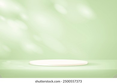 Empty green studio room background. Green background vector 3d with white podium. Empty room with shadow leaves. Space for selling products on the website. Vector illustration.