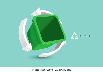 Cubo de basura verde vacío con su tapa abierta que revela su contenido vacío y un logotipo de flecha blanca o logotipo de reciclaje que se arremolina alrededor del cubo. Imagen de Vector 3D independiente para la campaña de clasificación de residuos.