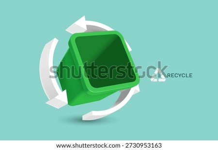 Empty green trash can or bin with its lid open revealing its empty contents and a white arrow logo or recycling logo swirling around the bin. standalone 3D vector image for waste sorting campaign.