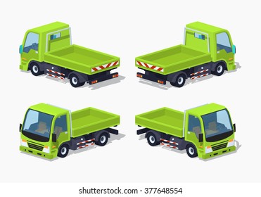 Empty green truck. 3D lowpoly isometric vector illustration. The set of objects isolated against the white background and shown from different sides